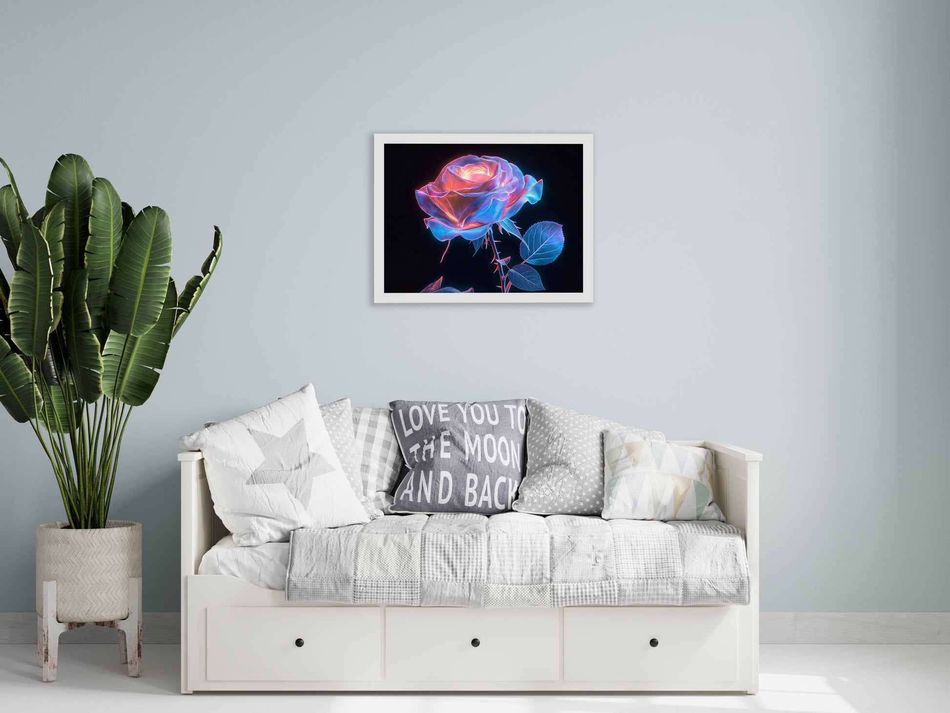Floral Fantasy Digital Art | Neon Bioluminescent Rose | Downloadable Abstract Art | Versatile Print Sizes Up to 40x60 DOWNLOADABLE